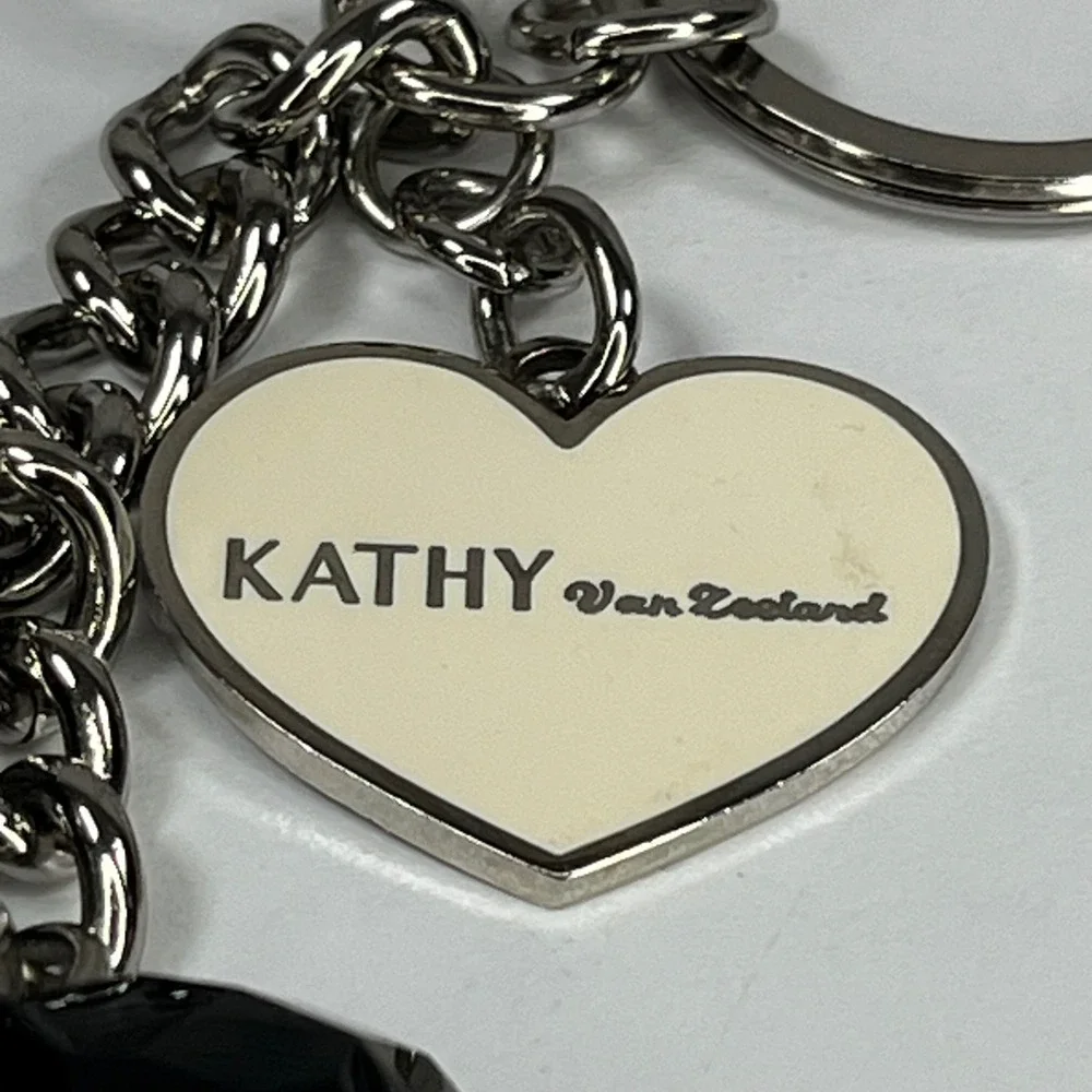 Kathy Van Zeeland Black Faceted Heart Keychain Bag Charm Silver Tone Logo Tag